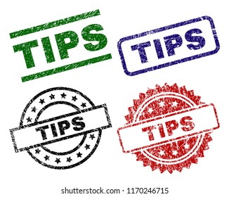 TIPS seal prints with distress texture. Black, green,red,blue vector rubber prints of TIPS text with unclean texture. Rubber seals with round, rectangle, medallion shapes.