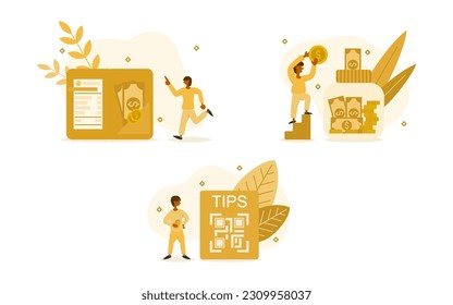 conjunto de ilustraciones de servicio de consejos. caracteres que cambian las tarifas del servicio como el libro de facturas, el cuadro de sugerencias y el código QR. dar un concepto de consejos. ilustración vectorial.