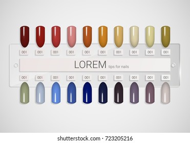 Tips. Set of false nails for manicure. Varnish color palette for nail extension. Artificial nails on transparent basis.