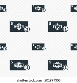 Tips sign icon. Cash money symbol. Coin and paper money. Seamless grid lines texture. Cells repeating pattern. White texture background. Vector