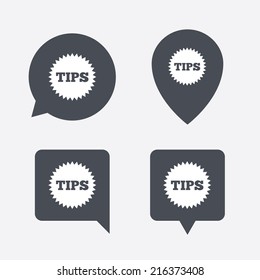 Tips sign icon. Star symbol. Service money. Map pointers information buttons. Speech bubbles with icons. Vector