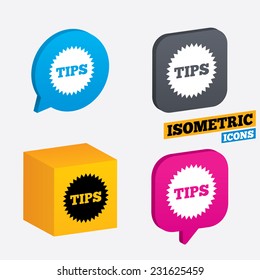 Tips sign icon. Star symbol. Service money. Isometric speech bubbles and cube. Rotated icons with edges. Vector