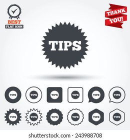 Tips sign icon. Star symbol. Service money. Circle, star, speech bubble and square buttons. Award medal with check mark. Thank you. Vector
