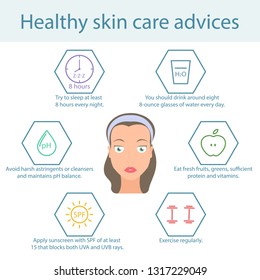 Tips For Skin Care Face. Care For Healthy Skin Face. Infographics On Face Skin Care. Vector Illustration.