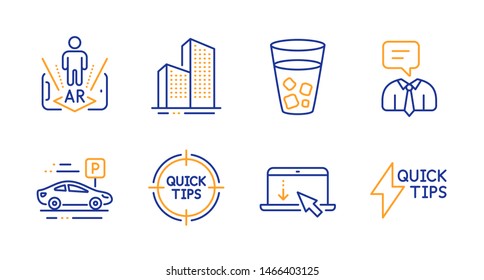 Tips, Skyscraper buildings and Scroll down line icons set. Ice tea, Car parking and Support service signs. Augmented reality, Quickstart guide symbols. Quick tricks, Town architecture. Vector