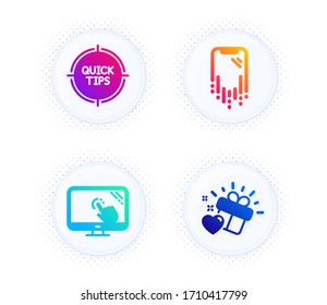 Tips, Smartphone recovery and Touch screen icons simple set. Button with halftone dots. Love gift sign. Quick tricks, Phone repair, Web support. Heart. Business set. Gradient flat tips icon. Vector