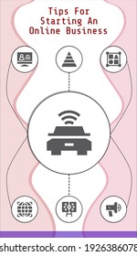 tips for starting an online business editable infographic template with icons of Tactics, Pyramid, Monitor, Globe, Shapes, Promotion, Electric car
