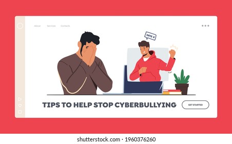 Tips to Stop Cyberbullying Landing Page Template. Cyber Bullying Harassment. Hater Troll Male Character Laughing on Man in Internet. Teen Crying front of Pc Screen. Cartoon People Vector Illustration