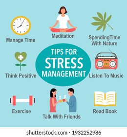 Tips for stress management with useful advices infographic concept vector illustration. Stress relief ways.