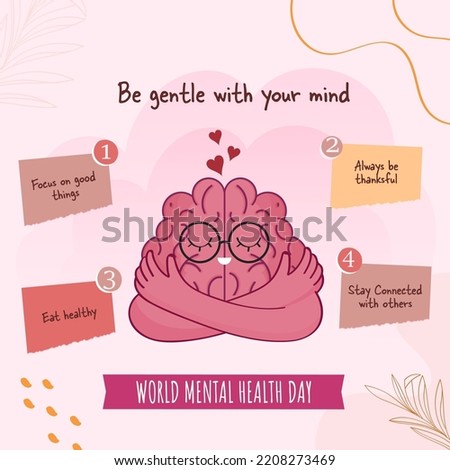 Tips To Take Care Of Your Mental Health Details With Cartoon Brain On Pink Background.