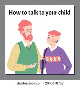 Tips For Talking To Your Child Banner Concept. Poster Or Card With Father Has A Confidential Conversation With His Teenage Son, Flat Vector Illustration.