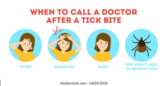 Tips for tick safety infographic. Brown parasite, risk of encephalitis disease. Symptoms for doctor calling. Isolated vector illustration in cartoon style