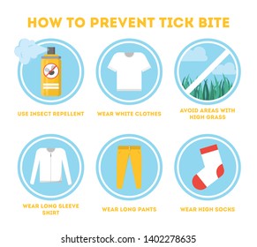 Tips for tick safety infographic. How to protect skin from insect mite. Risk of disease. Isolated vector illustration in cartoon style
