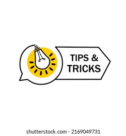 Tips and tricks advice with lightbulb. Advice shapes. Help assistance symbol. Quick tips helpful tricks emblems and logos. Vector icon of solution, advice.