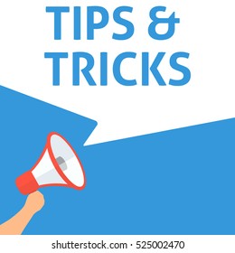 TIPS & TRICKS Announcement. Hand Holding Megaphone With Speech Bubble. Flat Illustration