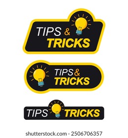 tips and tricks badge set. Quick tips logo with light bulb. Top tips, helpful tricks, tooltip, advice and idea for business and advertising