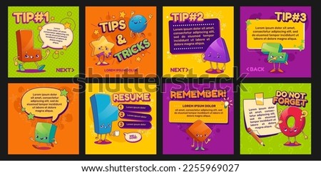 Tips and tricks banner templates set for social media. Contemporary vector illustration of colorful tutorial and reminder note layouts with funny letter, geometric figure characters, place for text