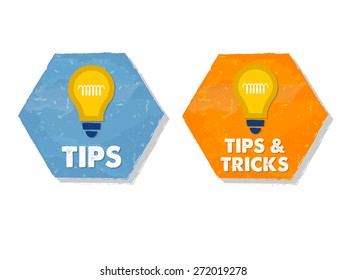 tips and tricks with bulb symbols - white text in colorful grunge flat design hexagons with icons, business support concept signs, vector