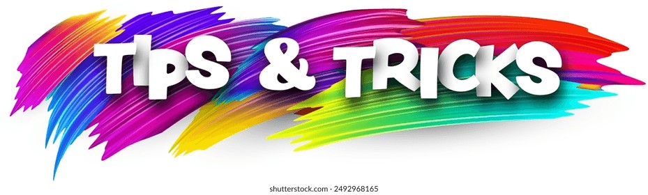 Consejos y trucos de papel signo de la palabra con pinceladas de pintura de espectro colorido sobre blanco. Ilustración vectorial.
