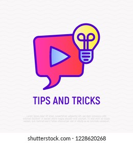 Tips and tricks thin line icon. Video with interesting and helpful ideas: speech bubble with play button and light bulb. Modern vector illustration for logo.