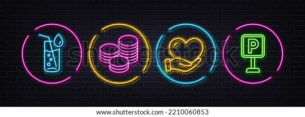 Tips, Volunteer and Water glass minimal line\
icons. Neon laser 3d lights. Parking icons. For web, application,\
printing. Cash coins, Social care, Soda drink. Auto park. Neon\
lights buttons. Vector