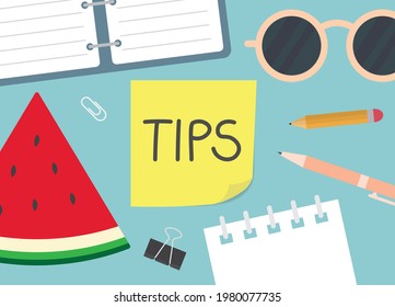 tips word written on yellow sticky note- vector illustration