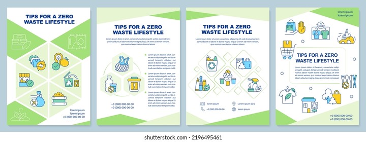 Tips for zero waste lifestyle green brochure template. Leaflet design with linear icons. Editable 4 vector layouts for presentation, annual reports. Arial-Black, Myriad Pro-Regular fonts used