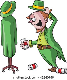 A tipsy cartoon Leprechaun talking to a coat rack. Leprechaun, coat rack and beer cans are all on separate layers.
