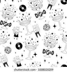 Tipsy cat girl dancing disco in the cocktail glass and having fun. Party night seamless pattern. Hand drawn vector black and white illustration. Cartoon doodle. Background, wallpaper. Colouring page.