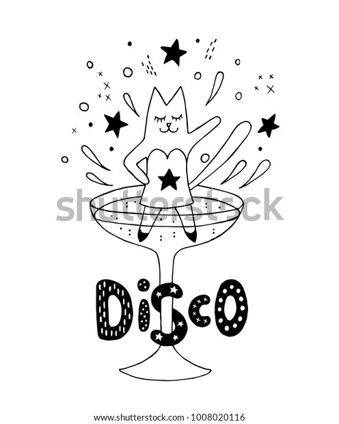 カクテルグラスでディスコを踊り 楽しく過ごすティプシー キャット パーティーの女の子 抽象的なデザインエレメント 白黒の手描きのベクトルイラスト 漫画 落書き のベクター画像素材 ロイヤリティフリー 1008020116