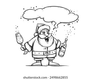 Navidades tipsy Santa Claus bebiendo vino en la fiesta de Navidad con la nube del mensaje. Divertido dibujo animado, borracho santa carácter de vacaciones. Contorno dibujado a mano silueta de boceto. Aislado. Ilustración vectorial.