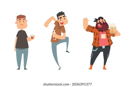 Tipsy Man Character Drinking Alcoholic Beverage Vector Set