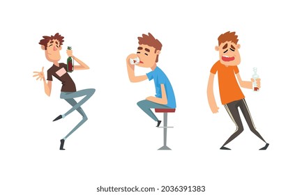 Tipsy Man Character Drinking Alcoholic Beverage Vector Set