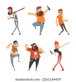 Tipsy Man Character Drinking Alcoholic Beverage Vector Set