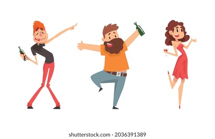 Tipsy Man and Woman Character Drinking Alcoholic Beverage Vector Set