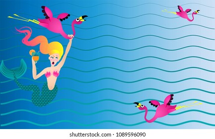 A tipsy mermaid flying by flamingo to a pool or beach party. Elements can be used separately. For invitations, cards, stickers