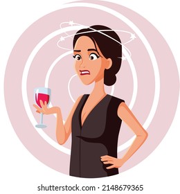 
Tipsy Woman Holding a Glass of Wine Vector Cartoon Illustration. Girl feeling intoxicated having too much to drink
