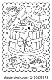 Tiramisu cake with cream, bow, cakes. Kawaii characters. Sweets, dessert. Cute coloring page for kids and adults, black and white vector illustration.