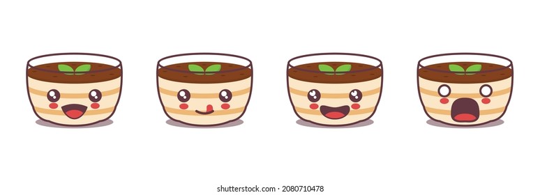 tiramisu cake mascot cartoon in a glass, italian dessert illustration, with different facial expressions. suitable for icons, logos, prints, labels, stickers, etc.