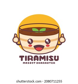 tiramisu cake mascot cartoon in a glass, italian dessert illustration, suitable for, logos, prints, labels, stickers, etc.