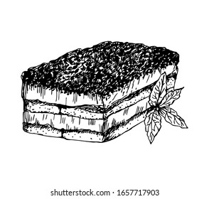 Tiramisu cake with mint leaves in line art style.