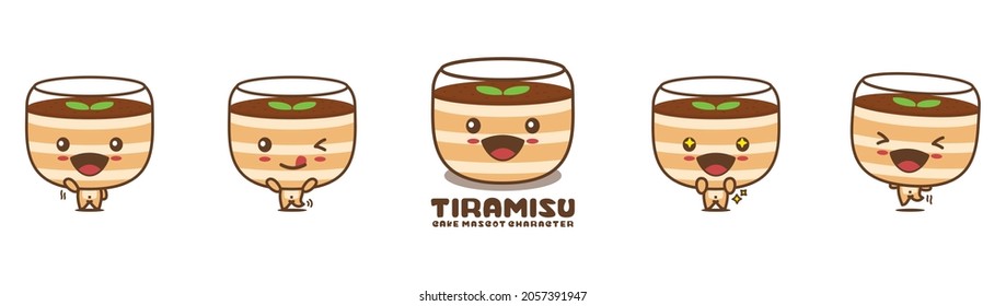 tiramisu cartoon mascot, sweet cake vector illustration, with different facial expressions and poses, isolated on white background