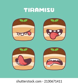 Tiramisu cartoon. vector illustration of italian cake. with different mouth expressions. cute cartoon
