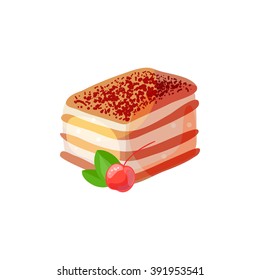 Tiramisu with cherry on a white background. Vector illustration of baking. Isolated vector illustration on white background