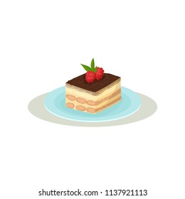 Tiramisu with coffee glaze and two raspberries on top. Appetizing Italian dessert. Sweet food. Colorful flat vector icon