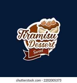 Tiramisu Dessert Icon. Sweet Dessert Confectionery Or Cafe Menu Vector Round Icon Or Sign. Pastry Shop Emblem Or Symbol With Tiramisu Italian Cheese Dessert Decorated Chocolate Or Cocoa Cream