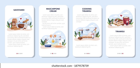 Tiramisu dessert mobile application banner set. People cooking delicious italian cake. Sweet slice of restaurant bakery. Isolated vector illustration in cartoon style
