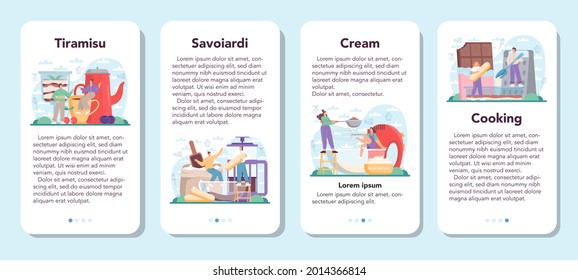 Tiramisu dessert mobile application banner set. People cooking delicious italian cake. Sweet slice of restaurant bakery. Isolated vector illustration in cartoon style