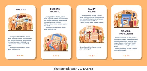 Tiramisu dessert mobile application banner set. People cooking delicious italian cake. Sweet slice of restaurant bakery with sweet mascarpone cheese, cocoa and biscuit. Flat vector illustration