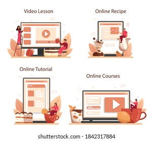 Tiramisu dessert online service or platform set. People cooking delicious italian cake. Online course, recipe, tutorial, video lesson. Isolated vector illustration in cartoon style